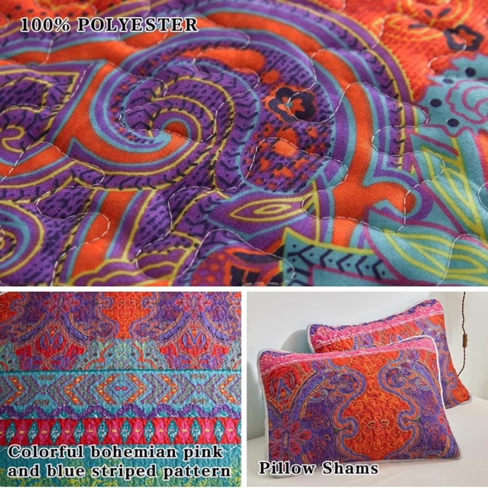 3-Piece Colorful Boho King Quilt Set Lightweight Bedspread/Coverlet - Picture 4 of 7